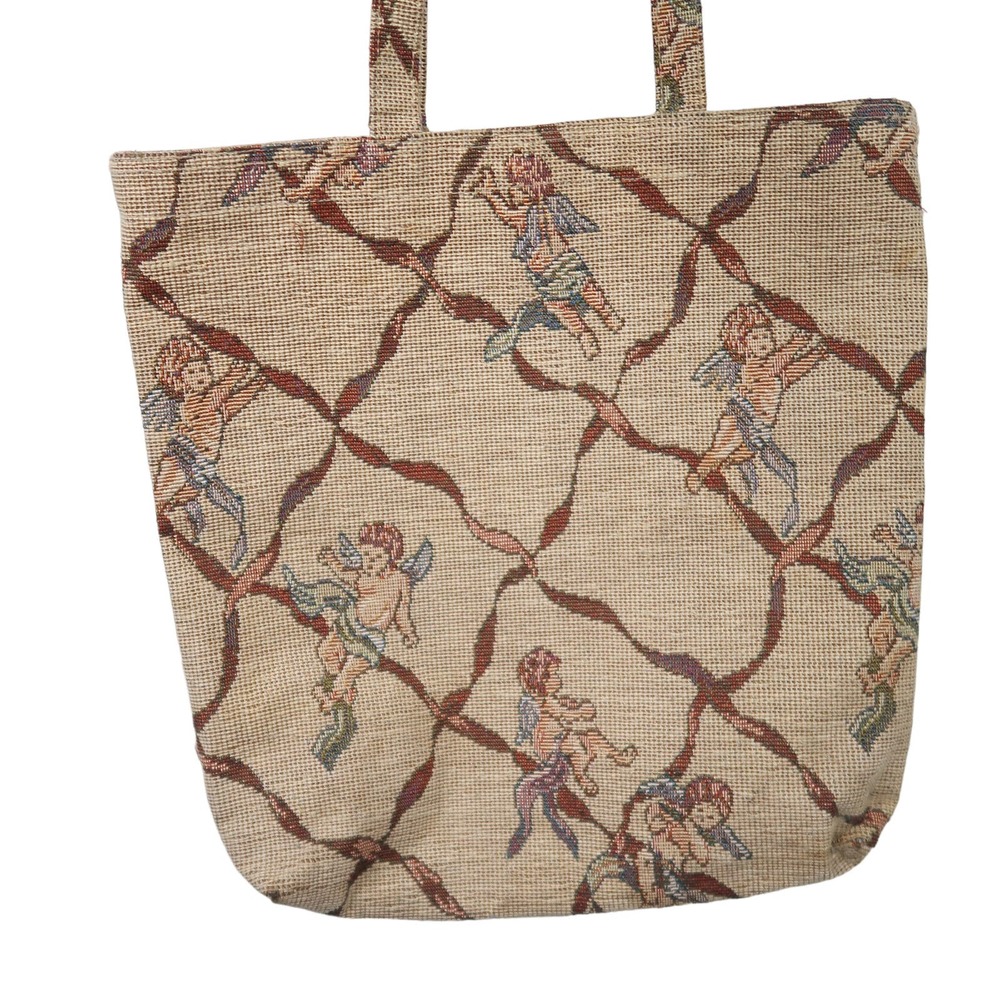 Vintage 90s tan cherub print tapestry tote bag purse - Picture 2 of 7
